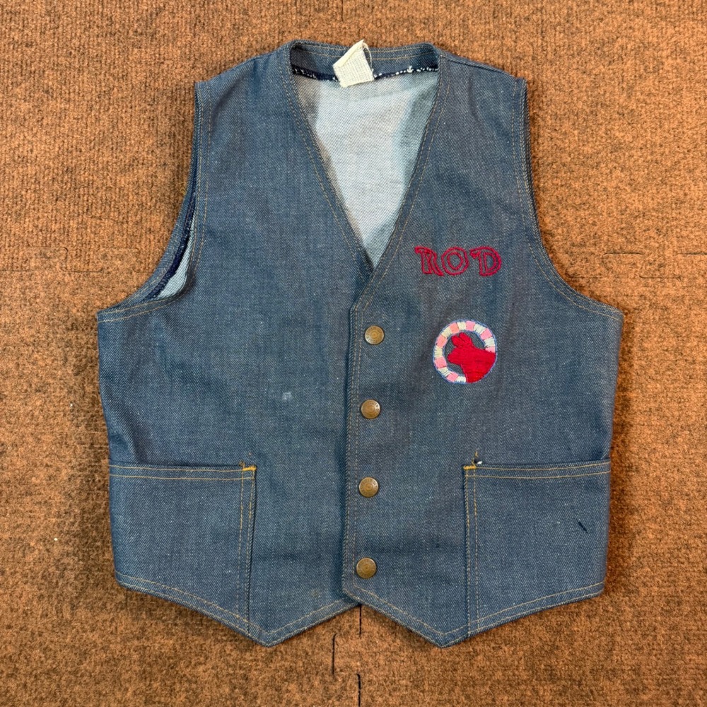 Vintage Rods Power Denim Vest Womens Embroidered Rabbit Blue Biker Jean 70s 80s